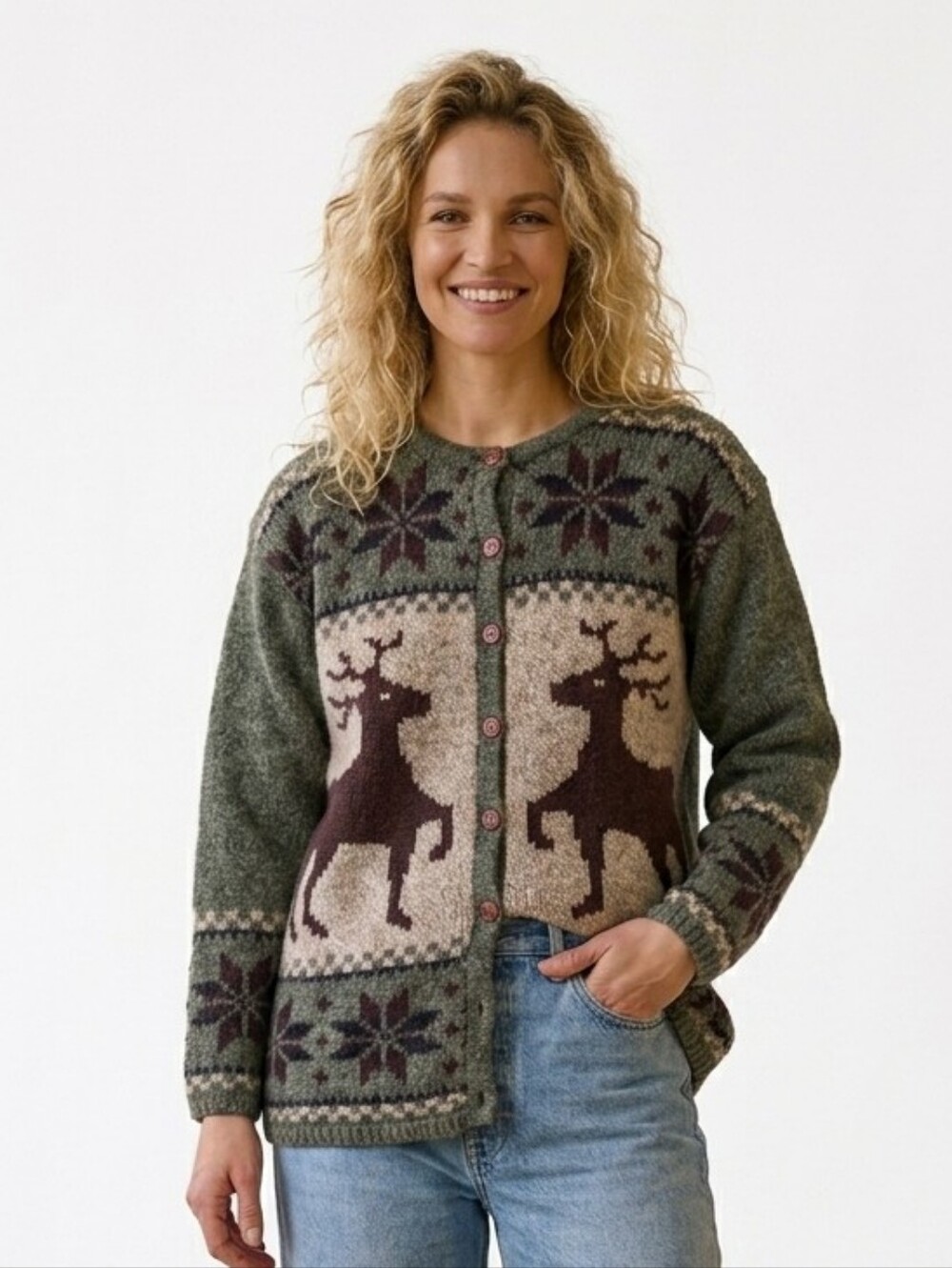 Vintage Deer Snowflakes Cowichan sweater cardigan earthy tones small B3